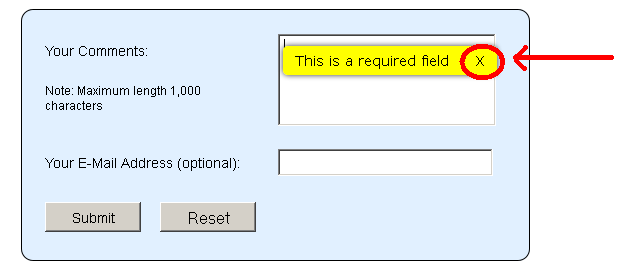 Sample Form With Validation Message [Note: Sample is an image, NOT a functional form]