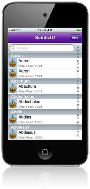 Saints4U App (sample screen)