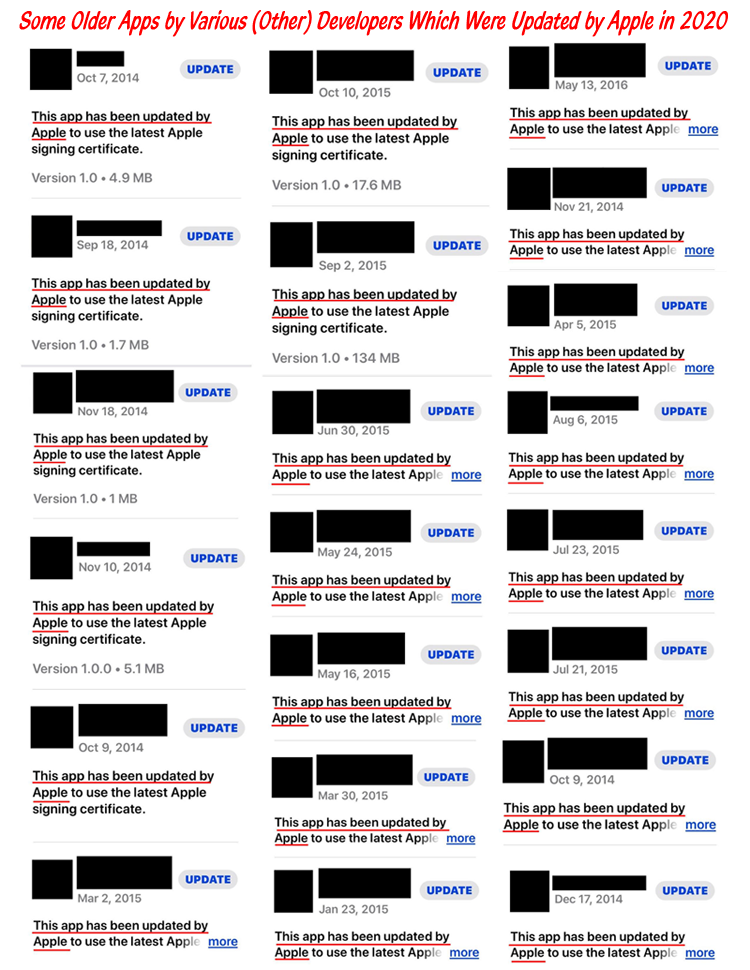 Some Older Apps by Various (Other) Developers Which Were Updated by Apple in 2020 (masked for privacy)